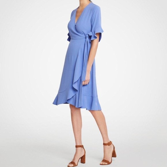 Ann Taylor Petite Flounce Hem Wrap Dress Size 2 Blue Ballad - Picture 1 of 3